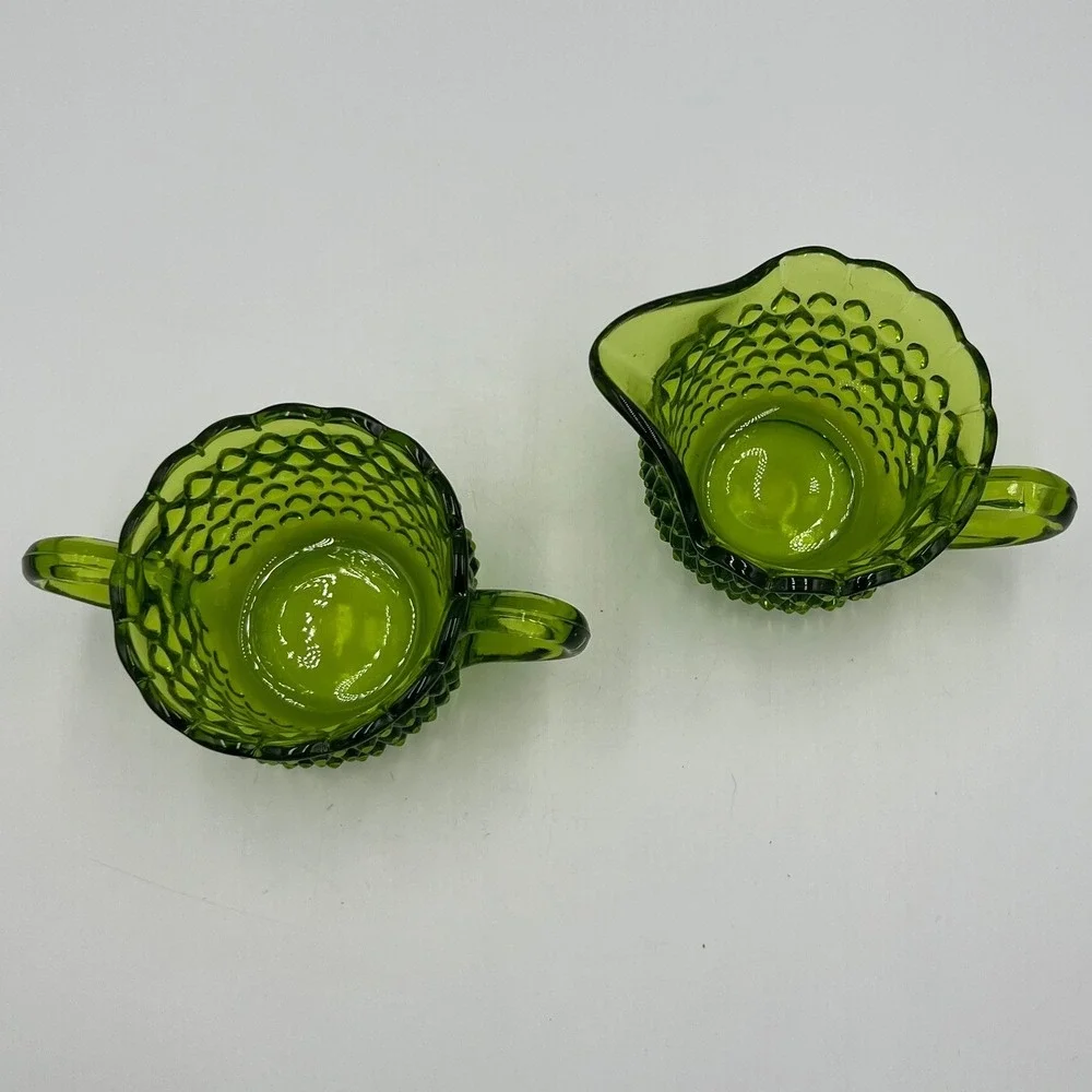 Fenton Hobnail Creamer Sugar Set Avocado Green Very Good MCM Glass